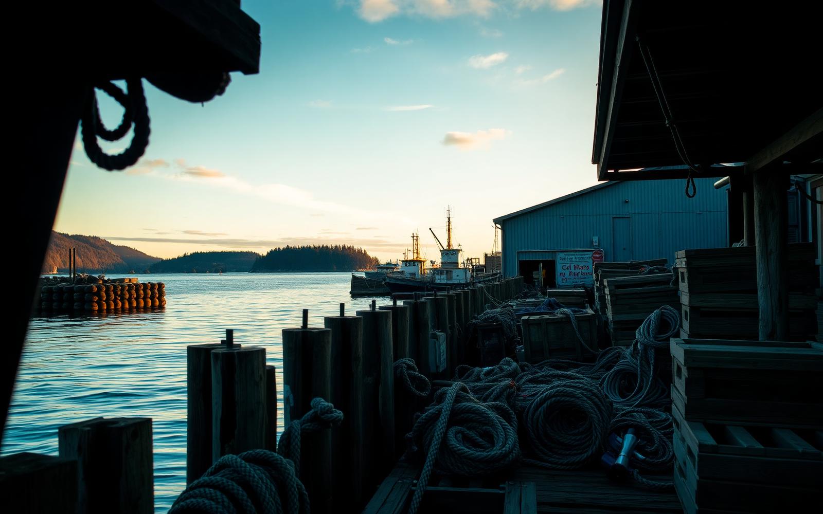 Weathered BC fishing dock with coiled ropes and cedar crates at golden hour