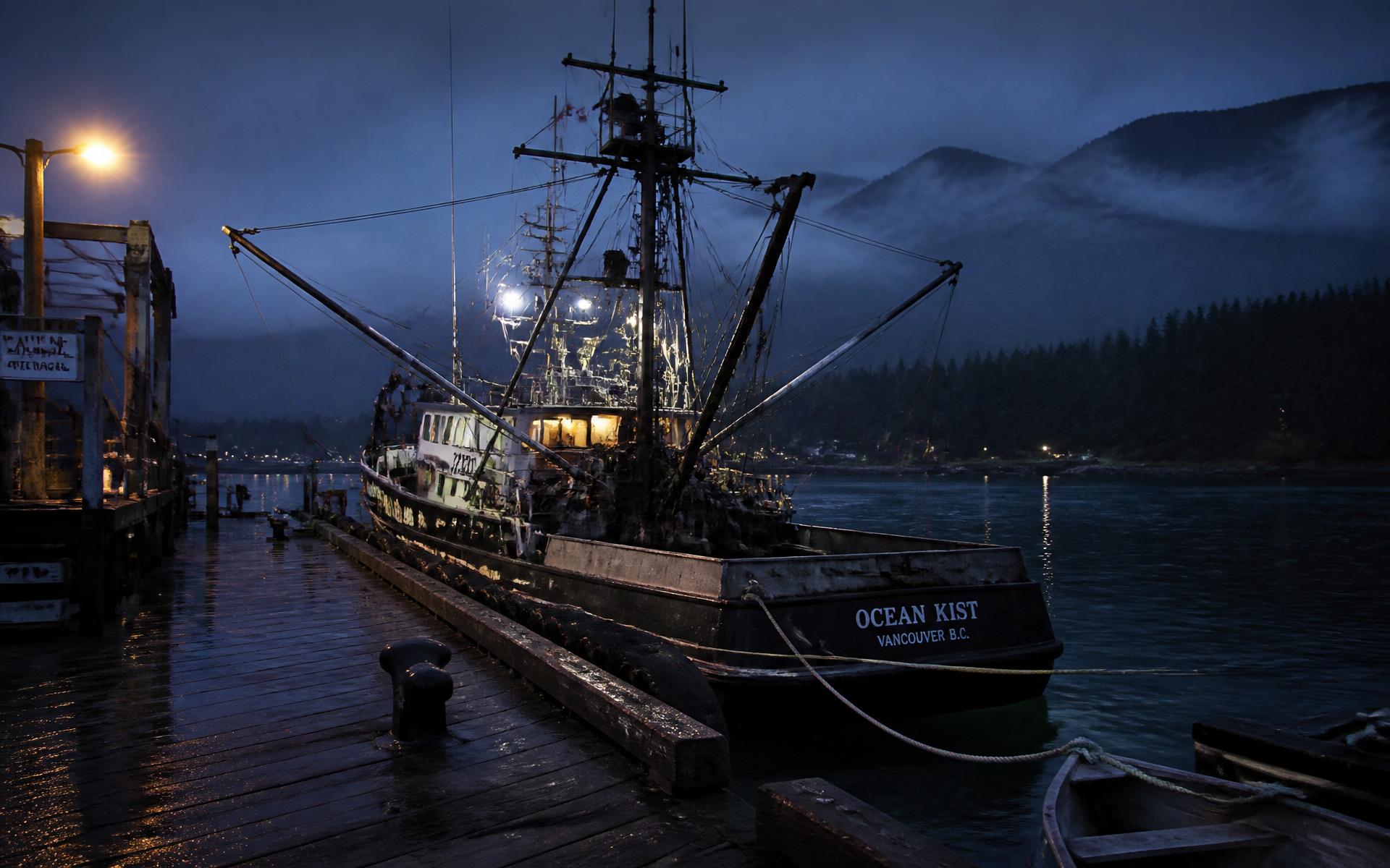 Pacific commercial trawler moored at a British Columbia dock at blue hour